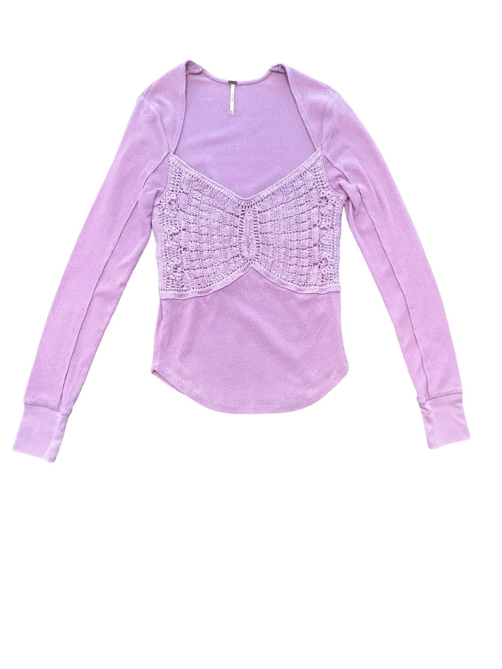 Free People purple butterfly Crochet Thermal cottage Boho waffle knit top M - Picture 4 of 8